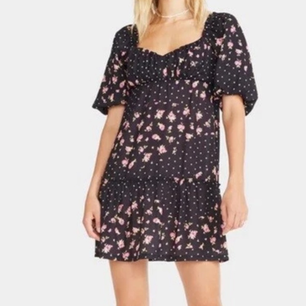Betsey Johnson Rosy Dots Floral Polka Dot Puff Sleeve Mini Dress Pinup Size M